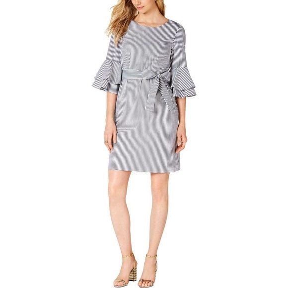 Grey and white striped button up dress with tie - Picture 1 of 10